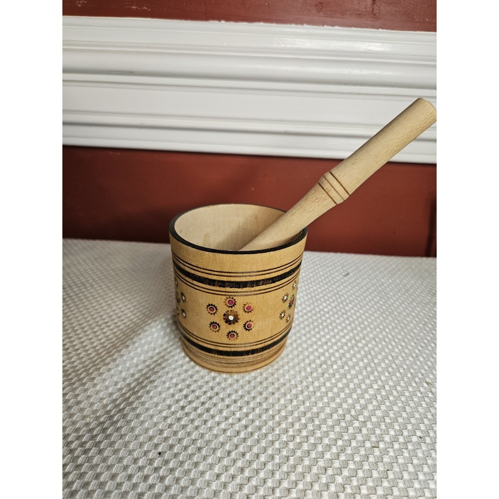 Vintage Wooden Mortar Pestle  Hand-Painted Folk Art Sice Grinder Boho Decor